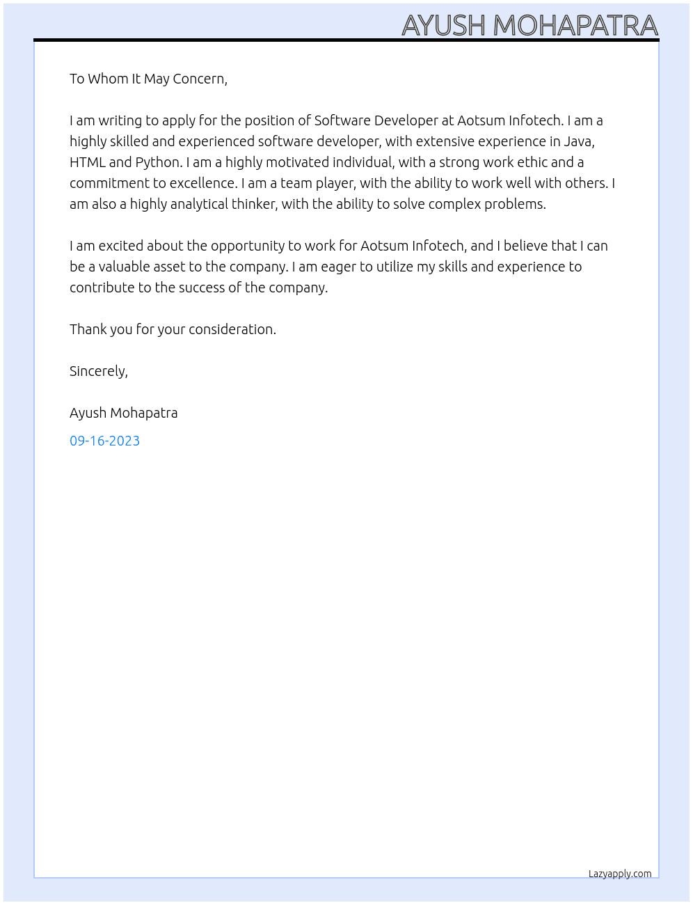 Software developer  At Aotsum Infotech  Cover Letter