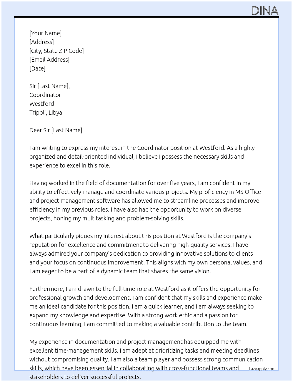 Coordinator  At Westford Cover Letter