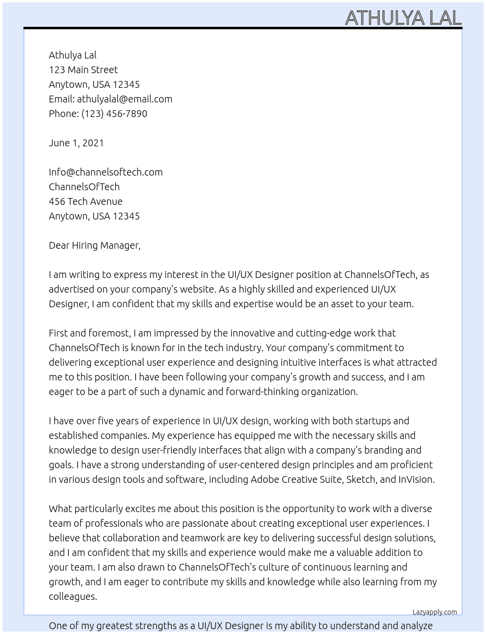 UI/UX Designer At channelsoftech Cover Letter