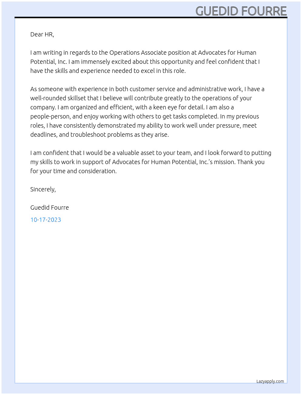 Operations Associate At Advocates for Human Potential, Inc. Cover Letter