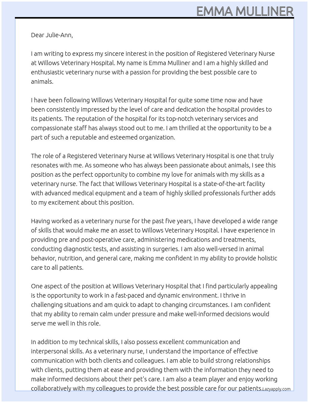 Registered veterinary nurse At Willows veterinary hospital  Cover Letter