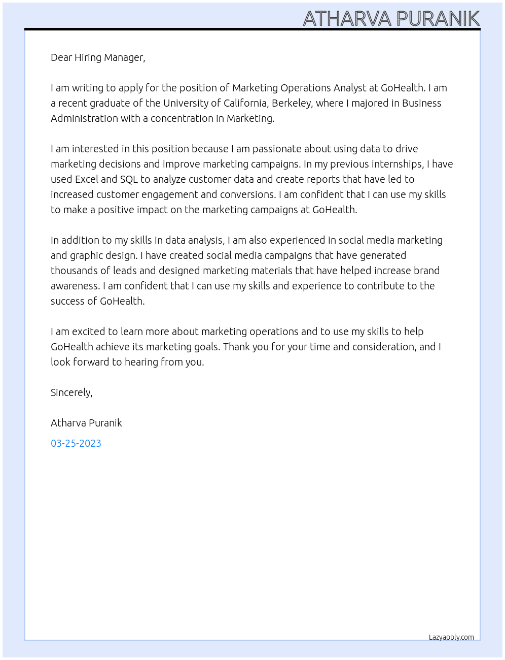 Marketing Operations Analyst At GoHealth Cover Letter