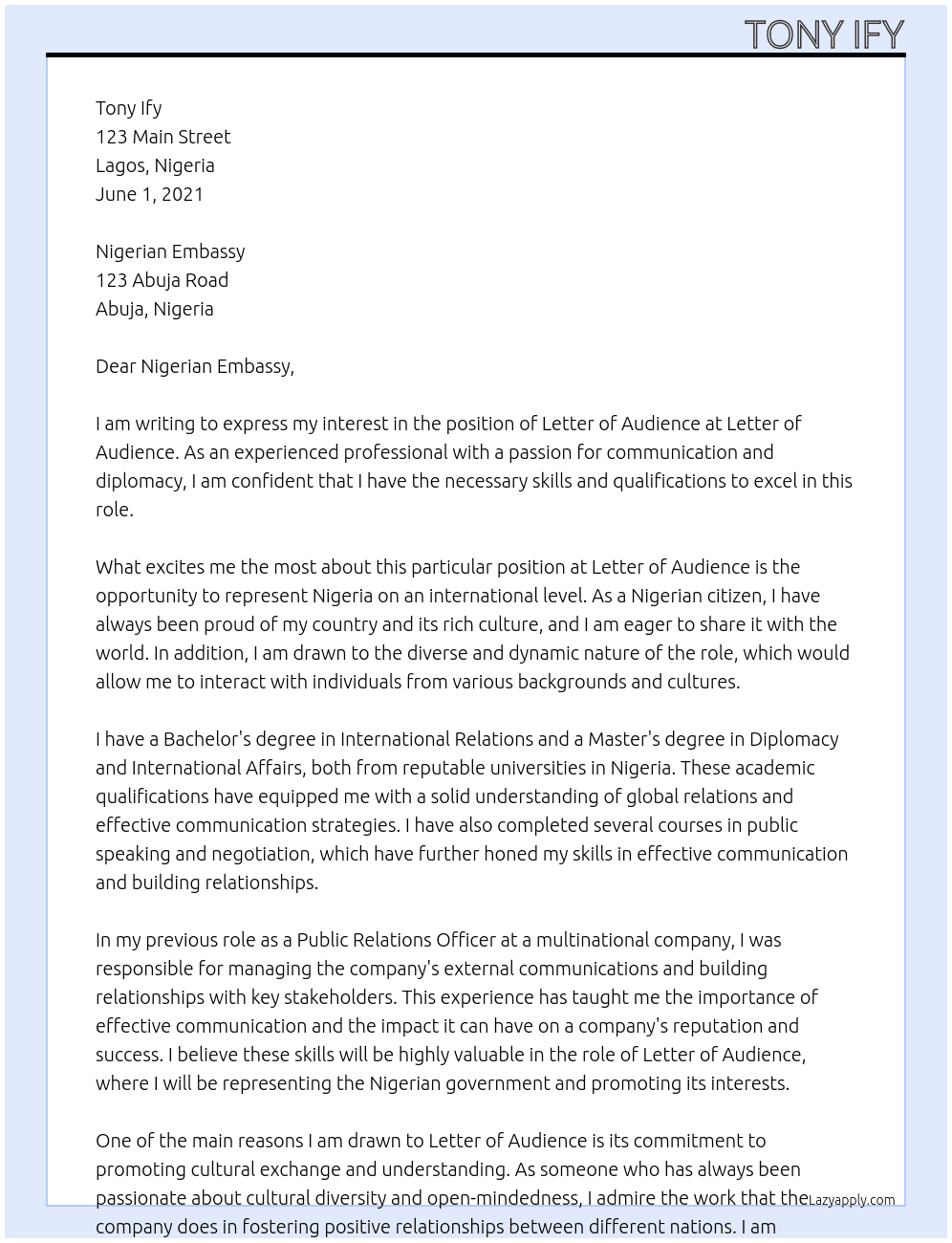 Letter of audience At Letter of audience Cover Letter