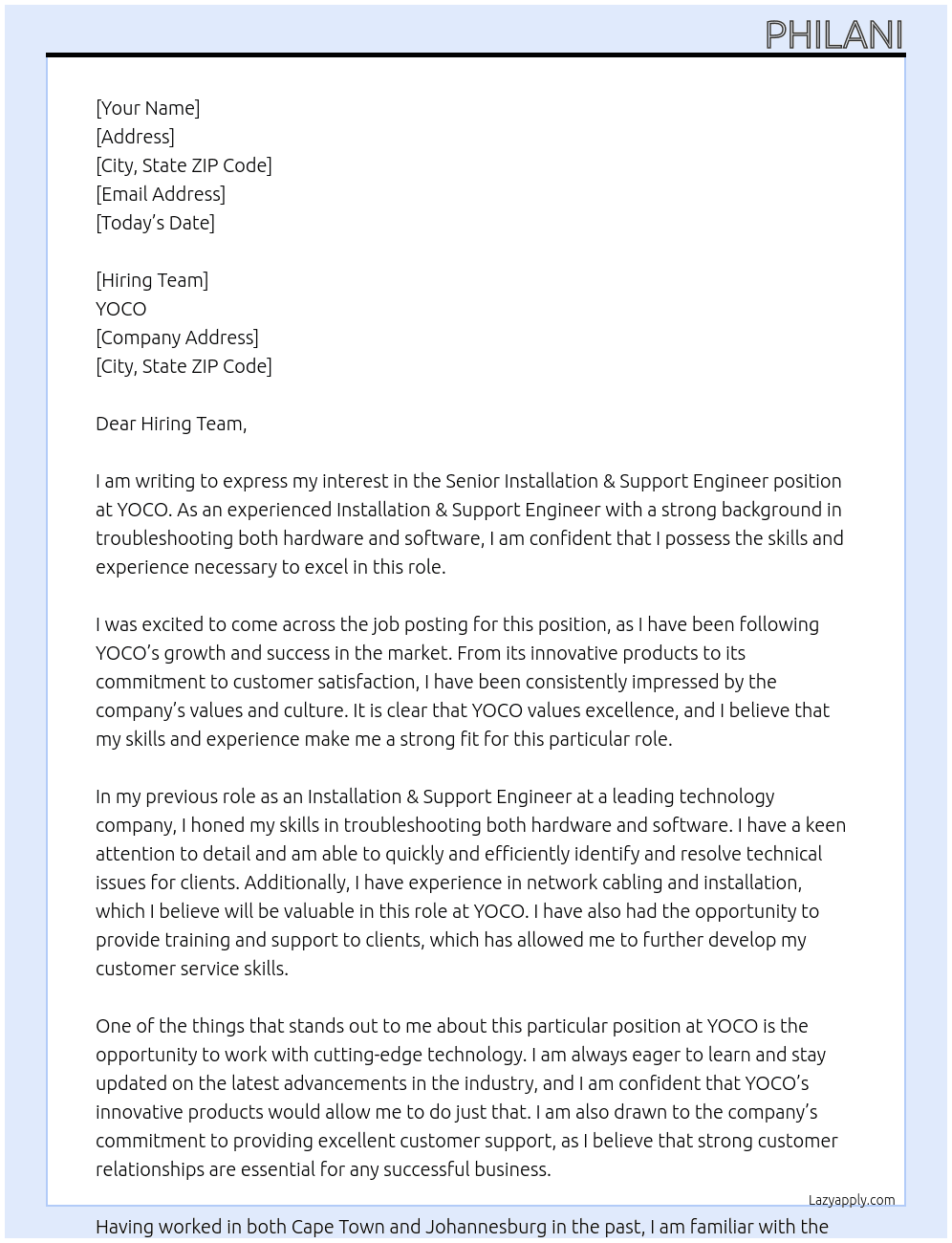 Senior Installation & Support Engineer At YOCO Cover Letter