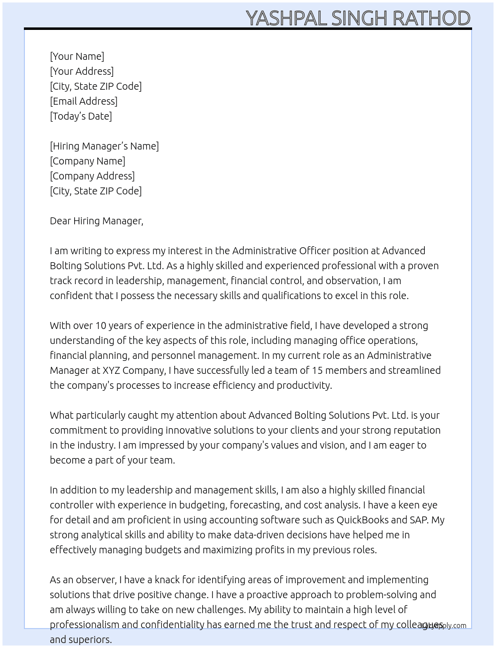 Administrative Officer At Advanced Bolting Solutions Pvt. Ltd. Cover Letter