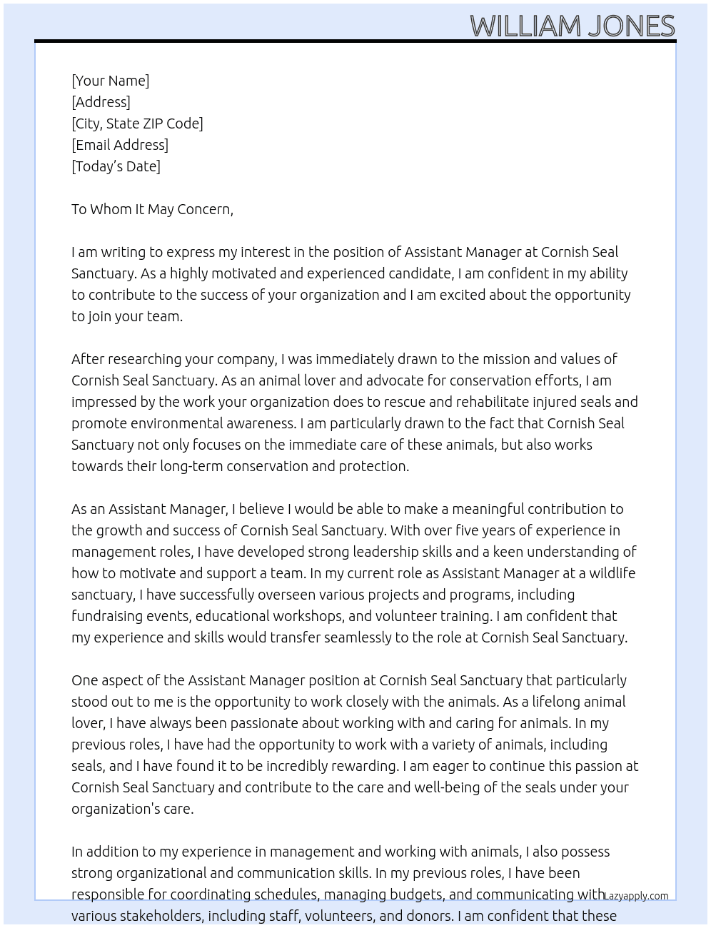 Assistant Manager At Cornish Seal Sanctuary Cover Letter
