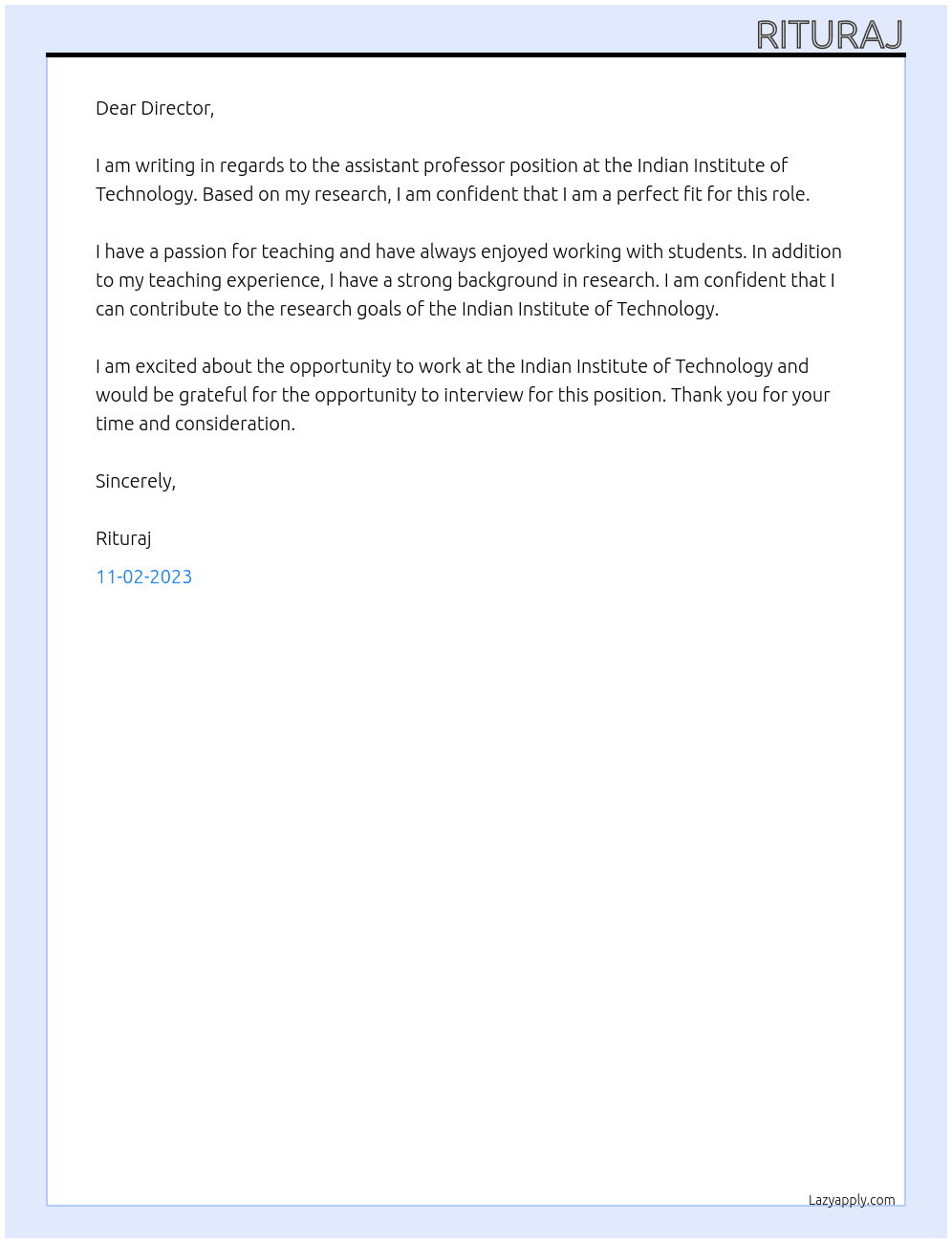 asistant professor At INDIAN INSTITUTE OF TECHNOLOGY Cover Letter