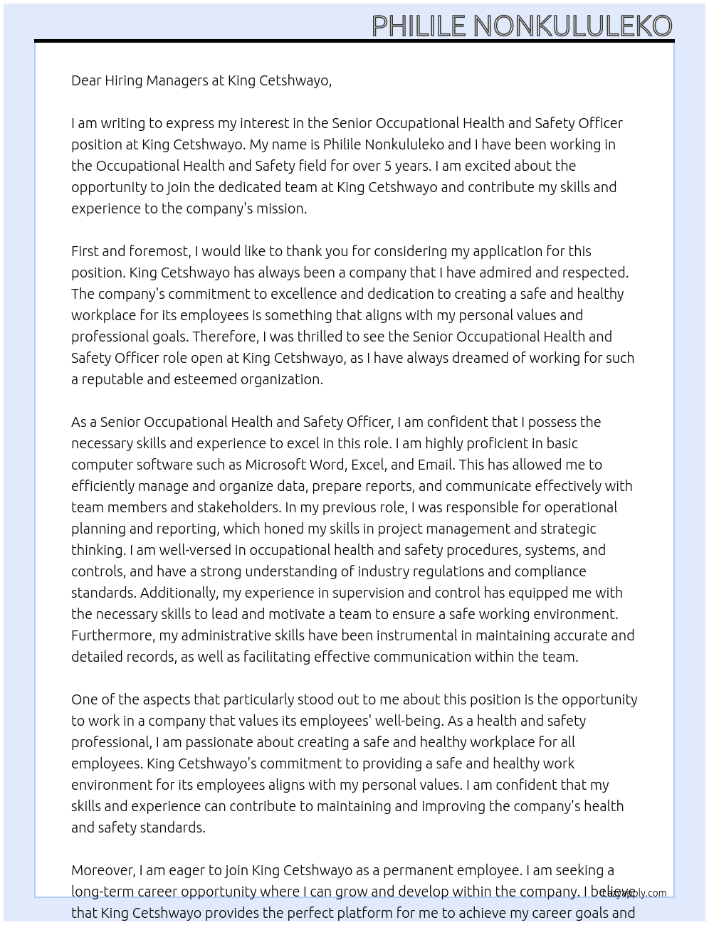 Senior Occupational Health and Safety Officer  At King Cetshwayo Cover Letter