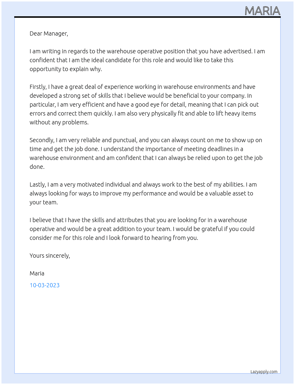 Warehouse operative  At .. Cover Letter