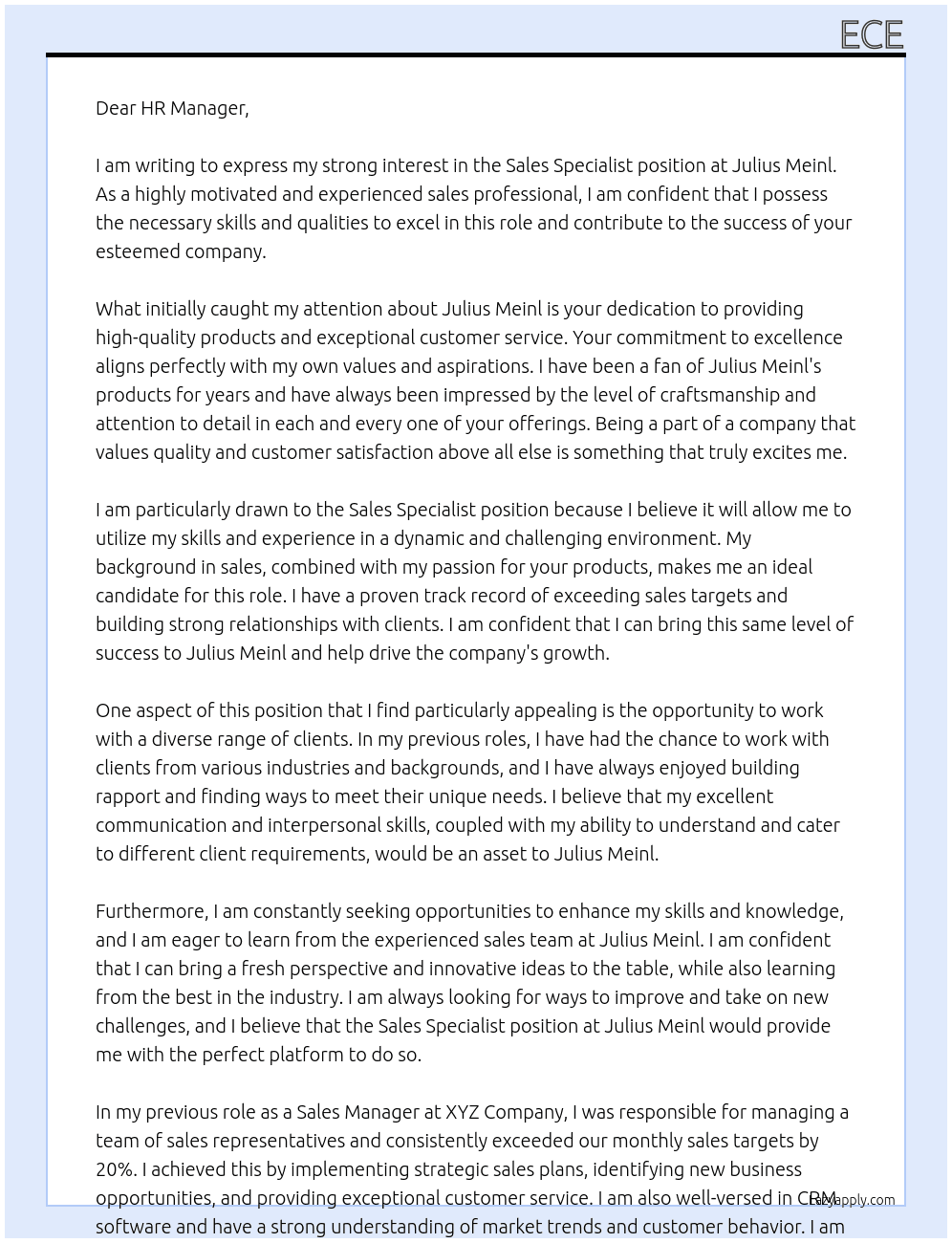 Sales Specialist At Julius Meinl Cover Letter