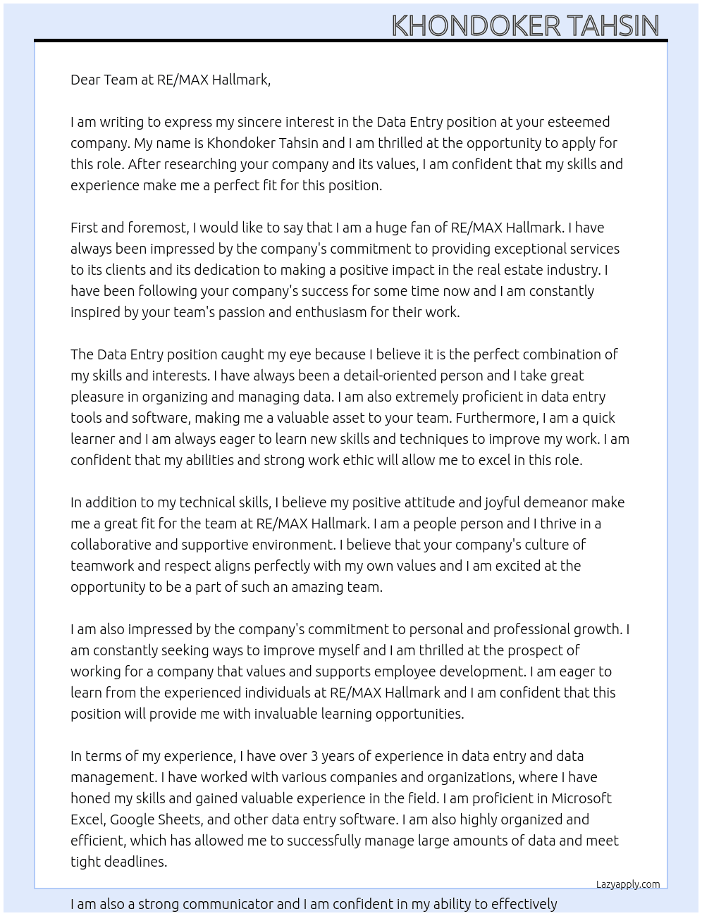Data entry At https://www.remaxhallmark.com/agents?region=Toronto Cover Letter