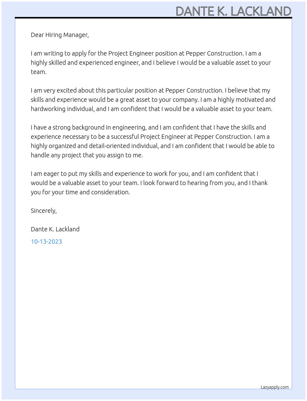 Project Engineer At Pepper Construction Cover Letter