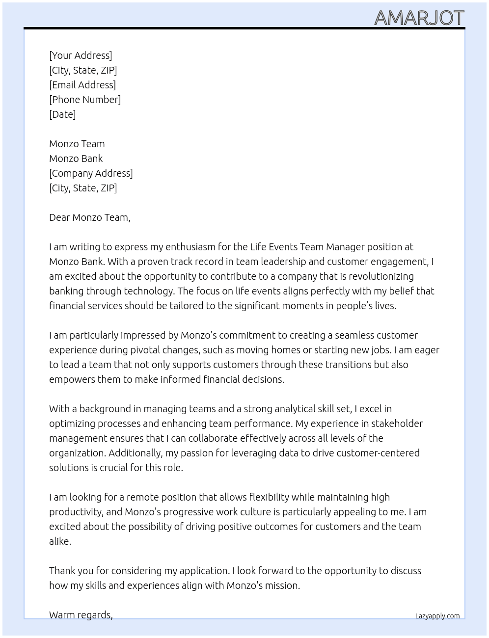 Life Events Team Manager At Monzo Bank Cover Letter