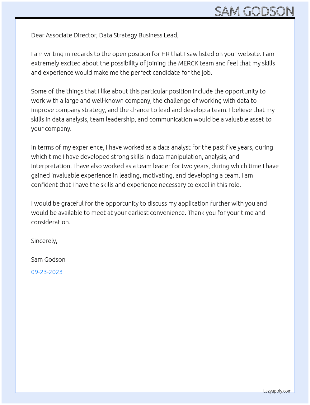 HR At MERCK Cover Letter