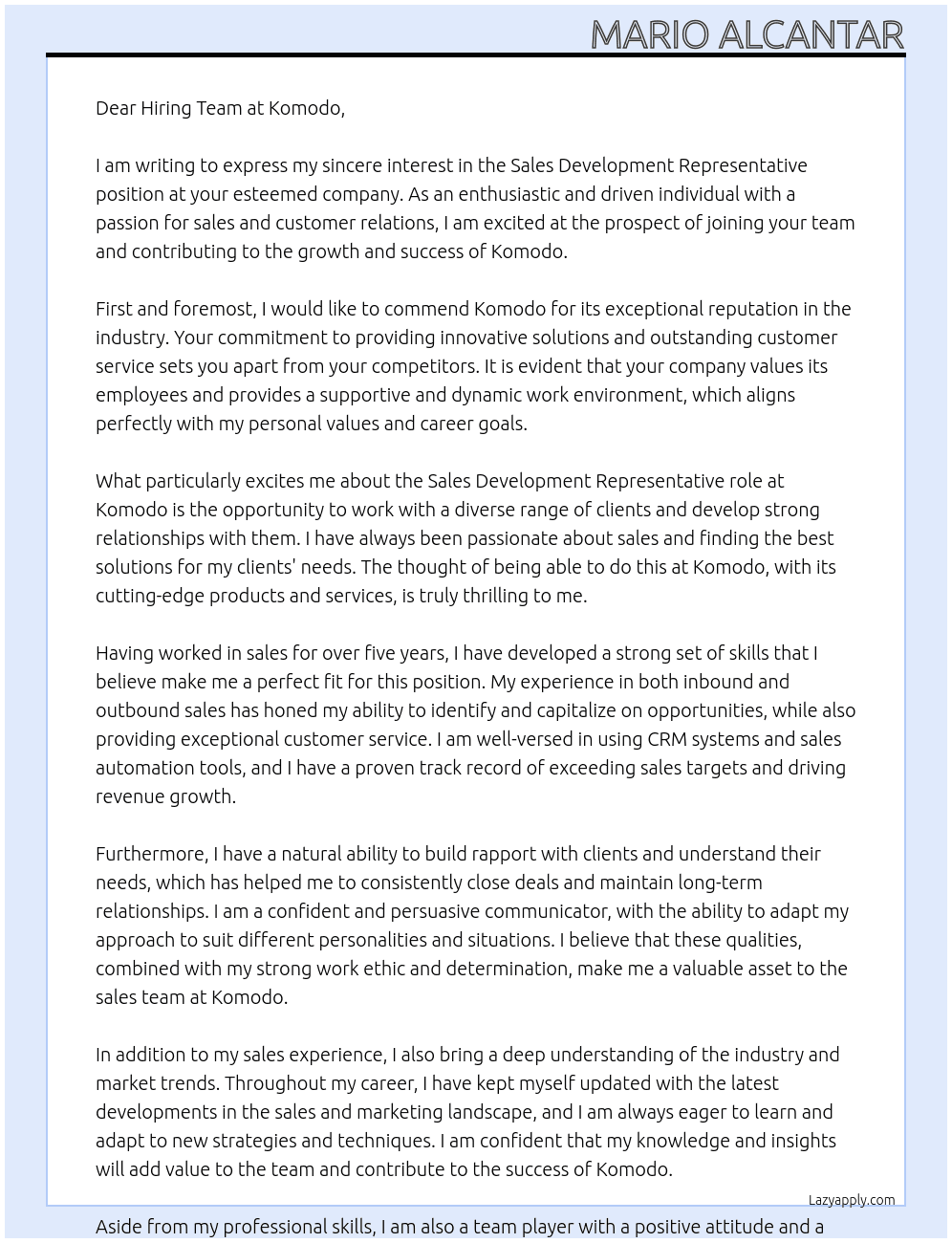 Sales Development Representative At Komodo Cover Letter