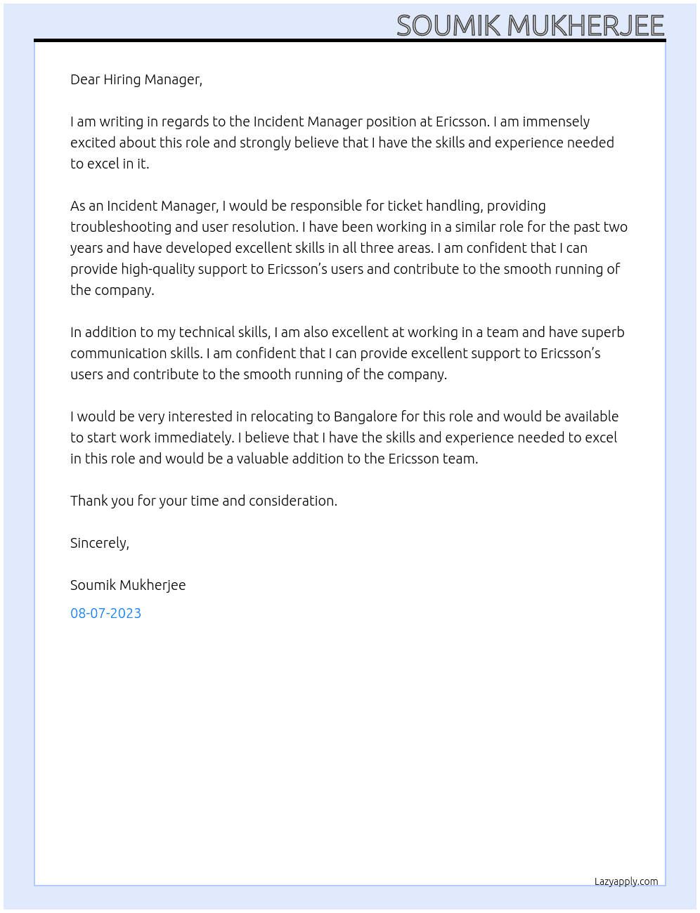 Cover letter for incident manager - LazyApply