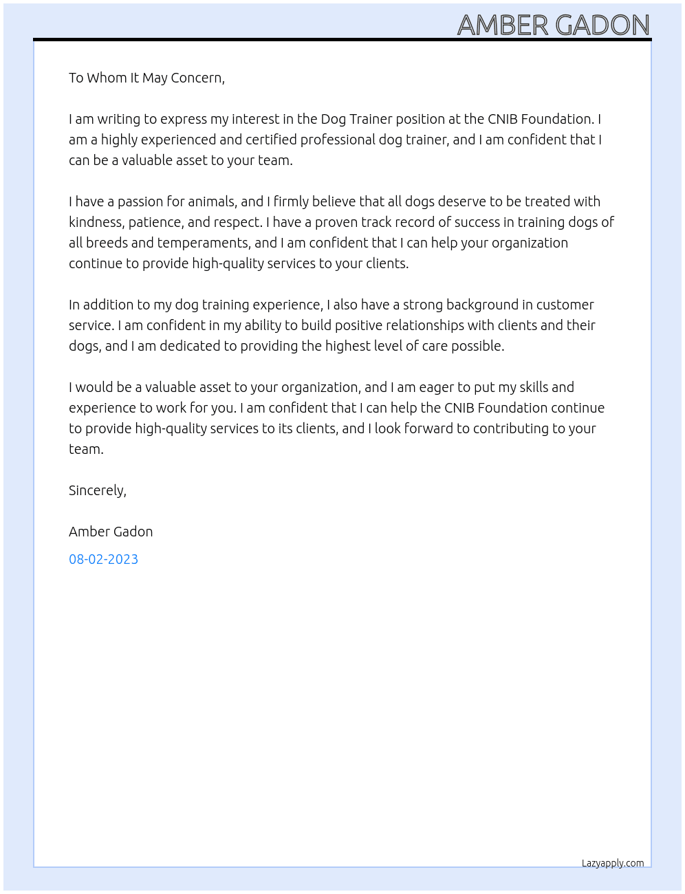 Dog Trainer At CNIB Foundation Cover Letter