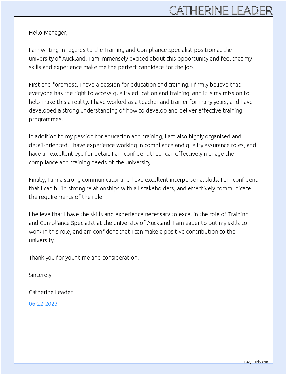 Training and Compliance Specialist At university of Auckland Cover Letter