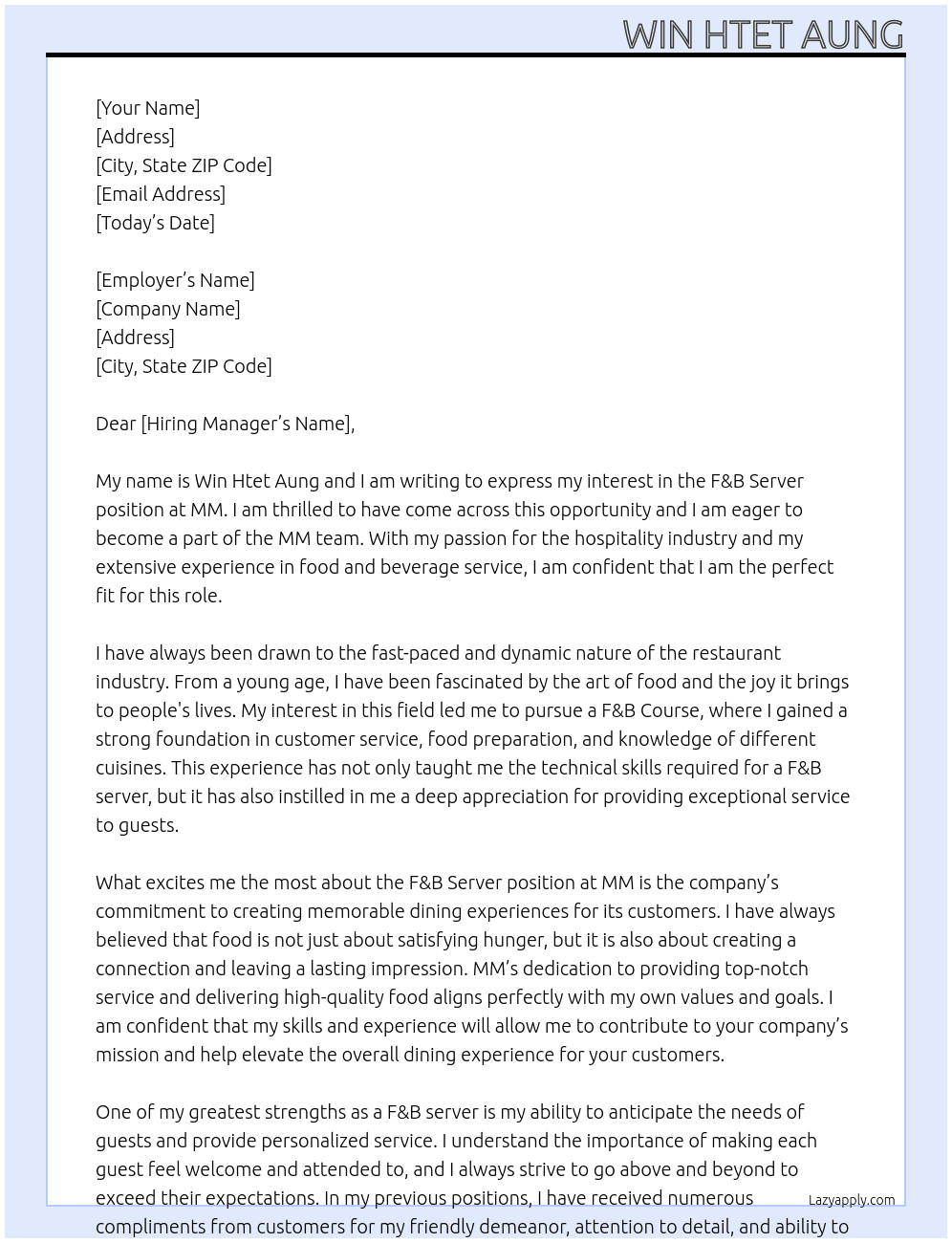 F&B server At MM Cover Letter