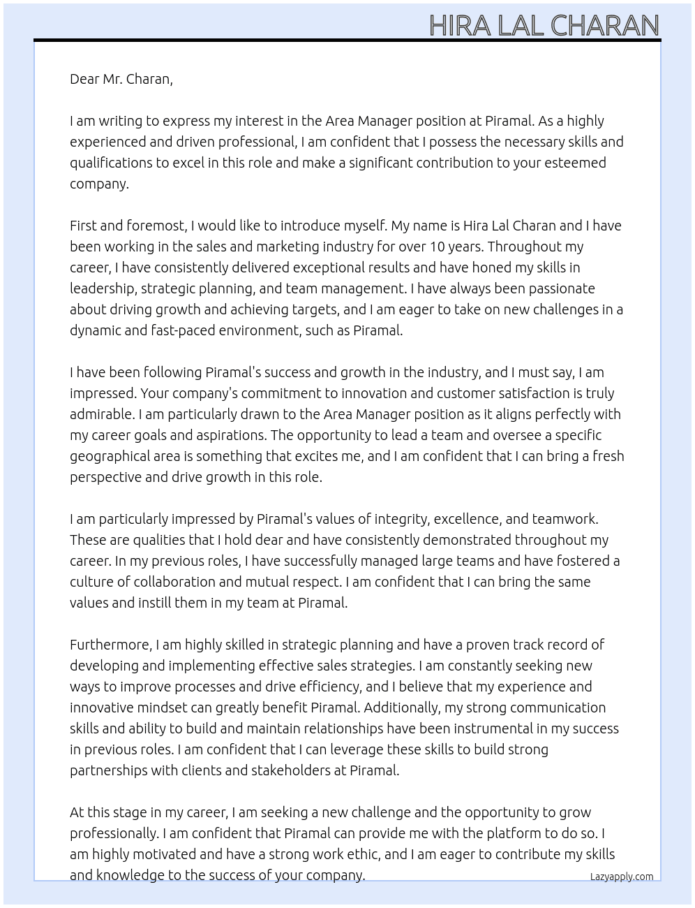 Area Manager  At Piramal  Cover Letter