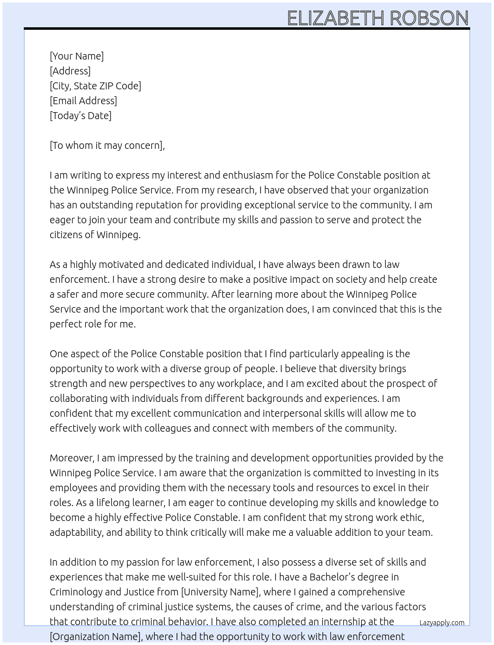Police Constable At Winnipeg Police Service  Cover Letter