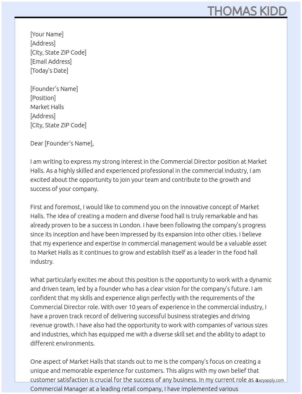 Commercial director At Market Halls Cover Letter