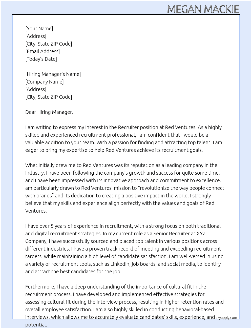 Recruiter At red ventures Cover Letter