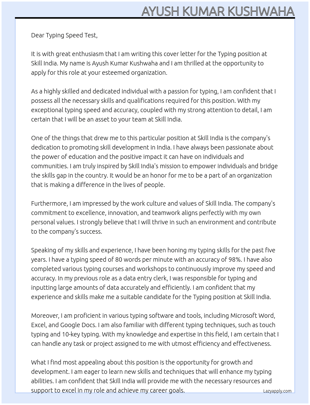 Typing  At Skill india Cover Letter