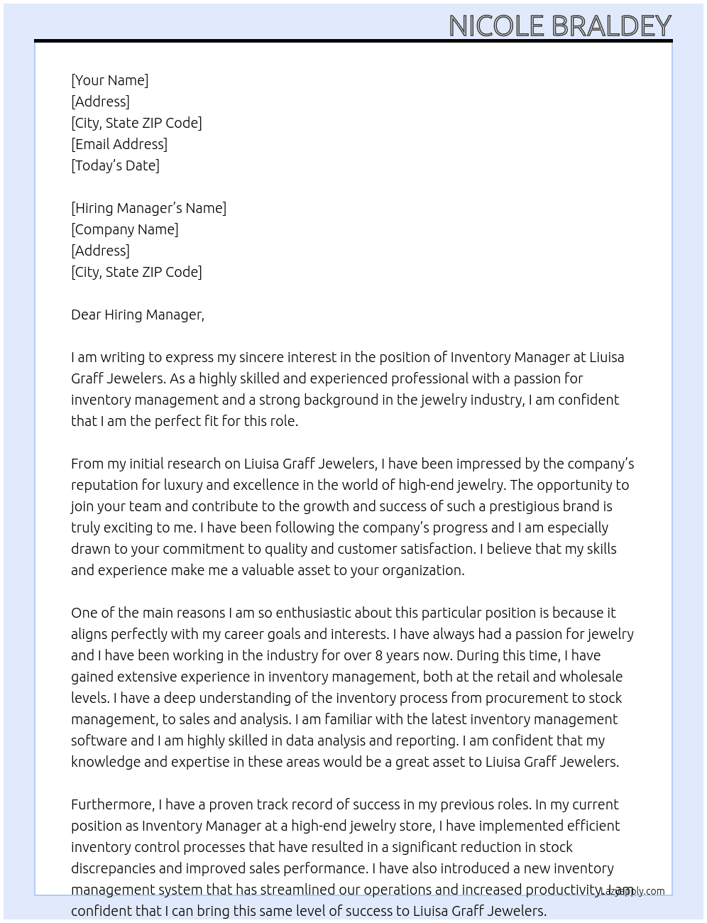 Inventory Manager  At Liuisa Graff Jewelers Cover Letter