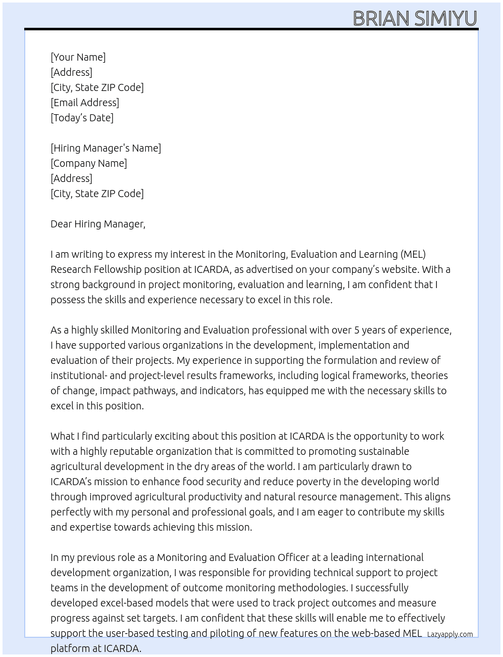 Monitoring, Evaluation and Learning (MEL) Research Fellowship At ICARDA Cover Letter