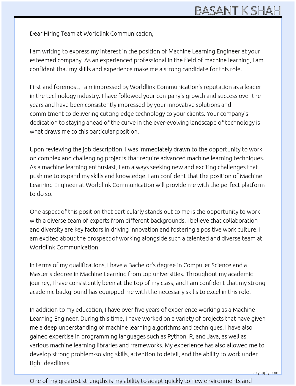 Machine Learning Engineer At Worldlink communication Cover Letter