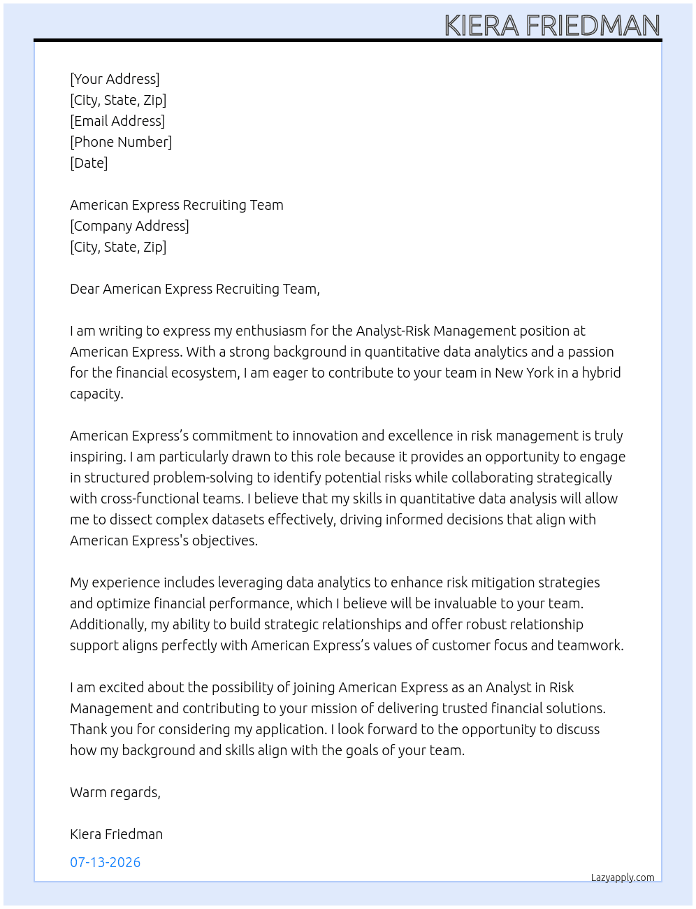 Analyst-Risk Management  At American Express Cover Letter