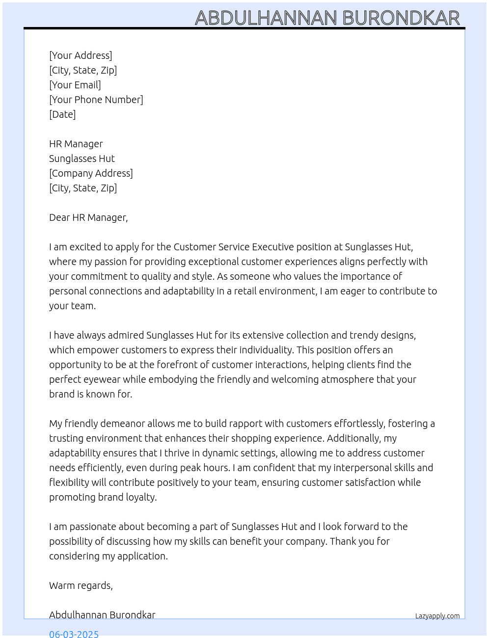 Customer service executive  At Sunglasses Hut Cover Letter