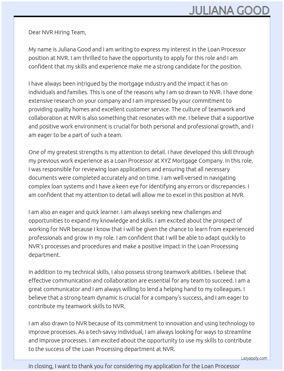 Loan Processor At NVR Cover Letter