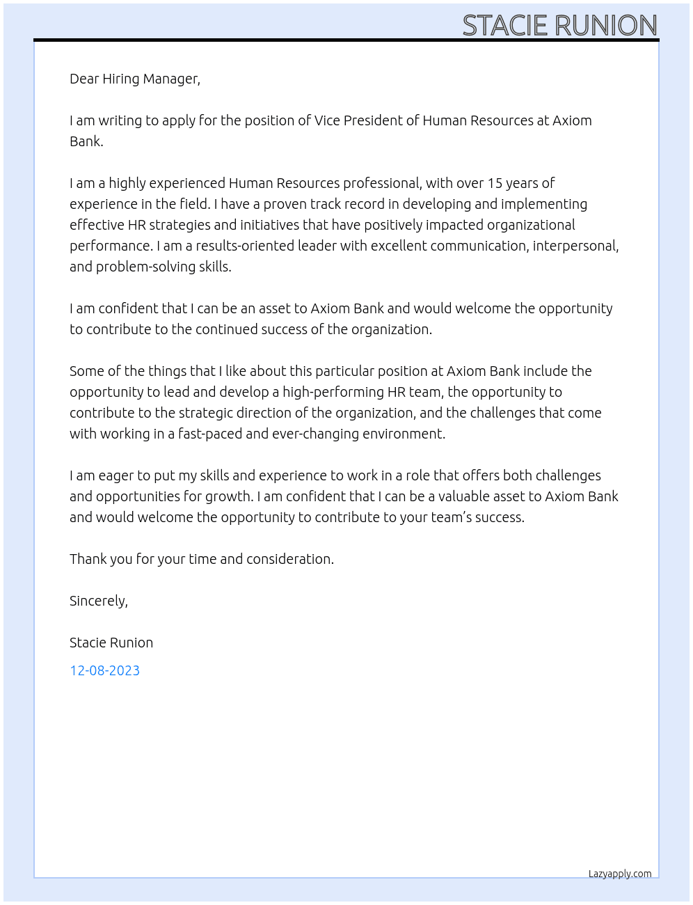 Vice President Human Resources At Axiom Bank Cover Letter