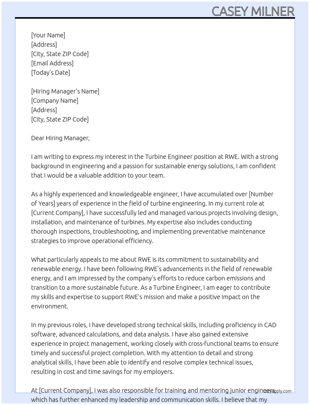Turbine Engineer At RWE Cover Letter
