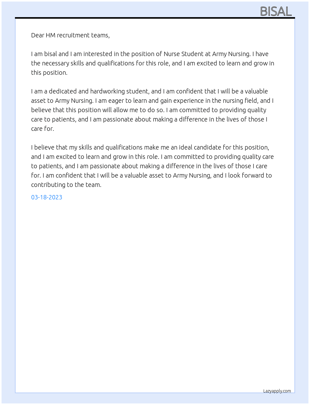 Nurse Student  At Army Nursing Cover Letter