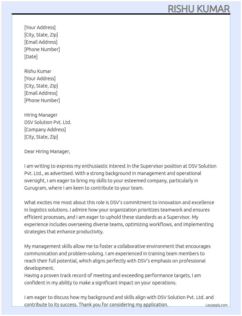 Supervisor At DSV Solution Pvt.Lmt Cover Letter