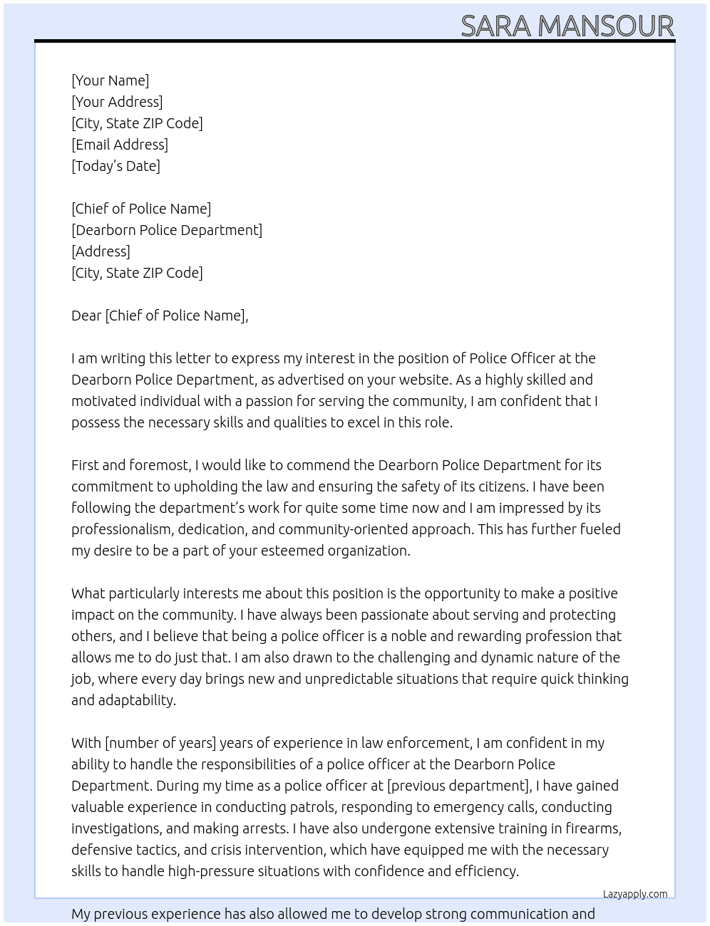 police officer  At Dearborn Police department  Cover Letter