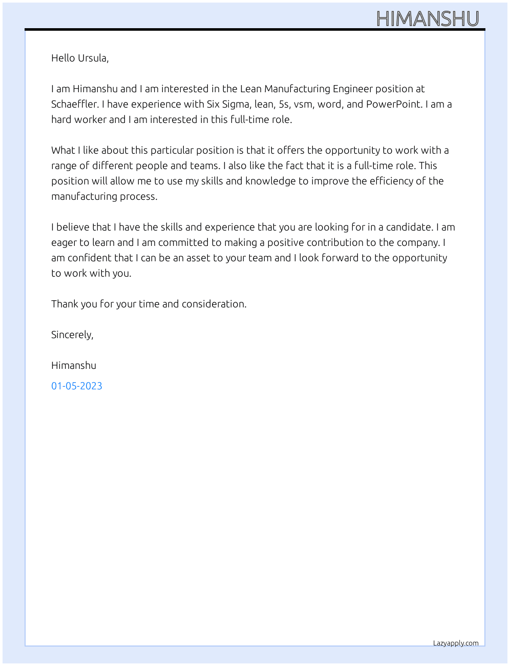 Lean Manufacturing Engineer At Schaeffler  Cover Letter