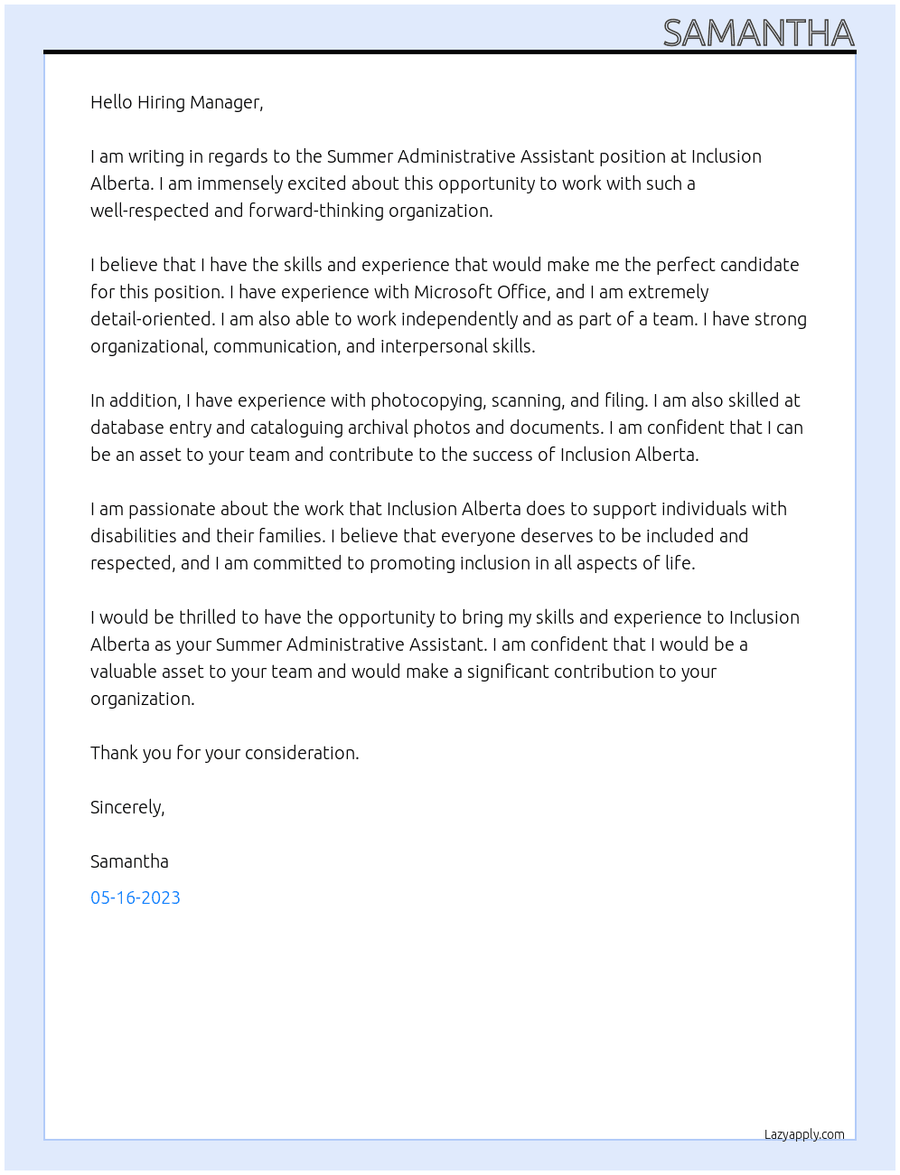 Summer Administrative Assistant At Inclusion Alberta Cover Letter