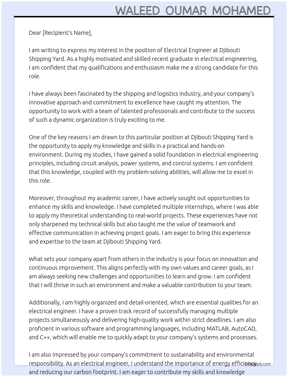 Electrical  engineer  At Djibouti shipping  Yard Cover Letter