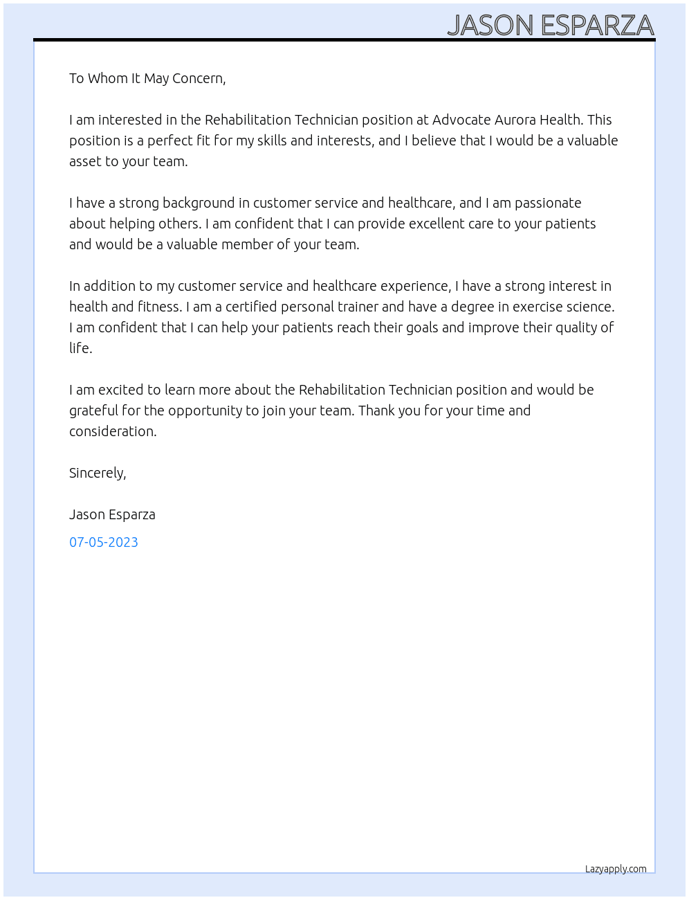 Rehabilitation Technician At Advocate Aurora Health Cover Letter