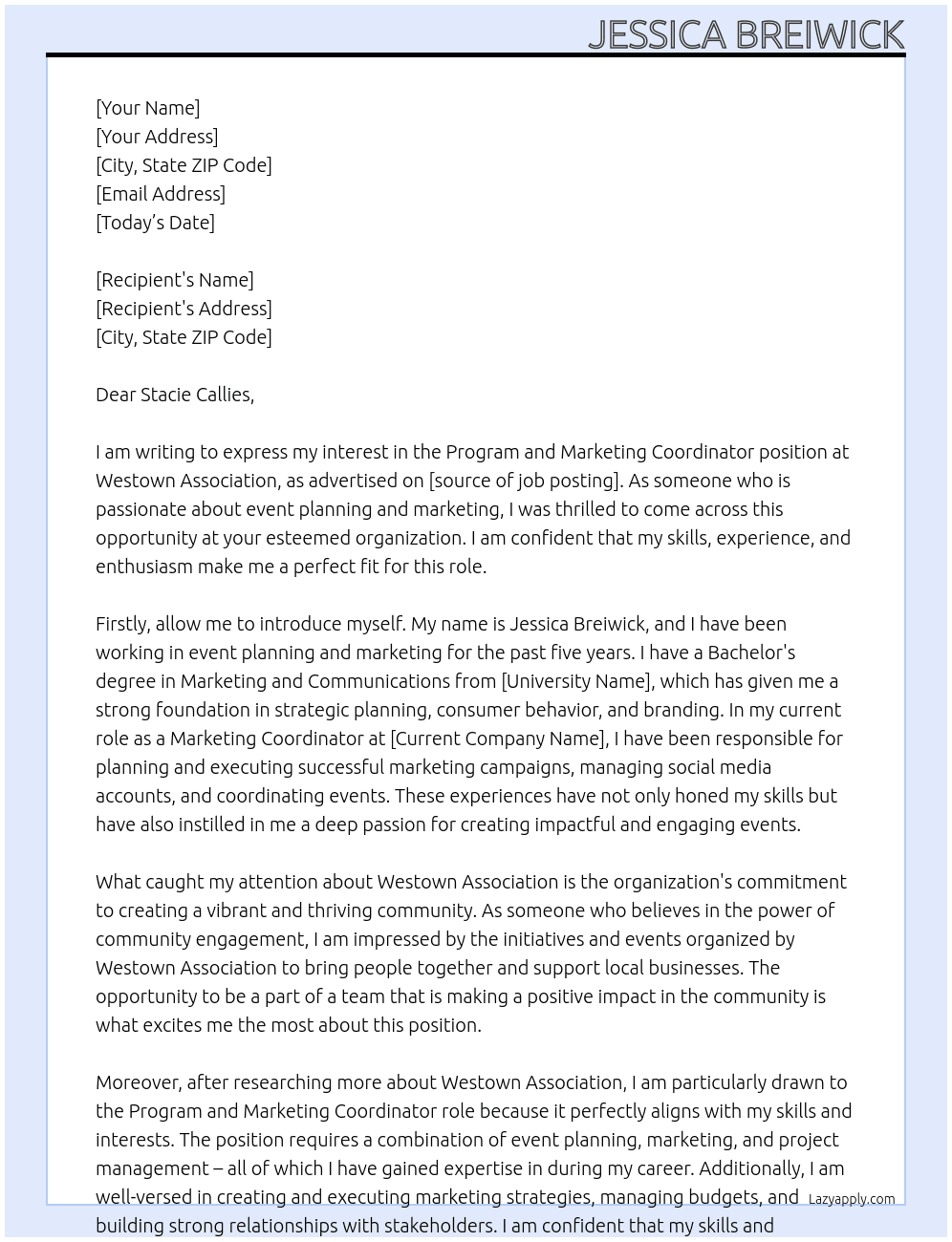 Program and Marketing Coordinator At Westown Association  Cover Letter