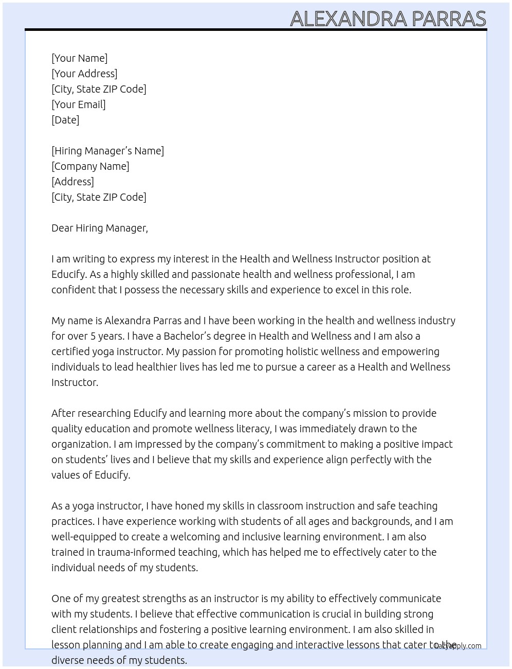 Health and Wellness Instructor At Educify Cover Letter