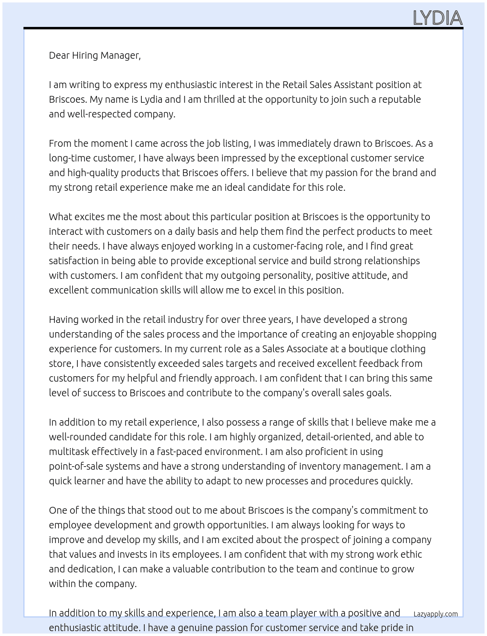 Retail Sales Assistant At Briscoes Cover Letter