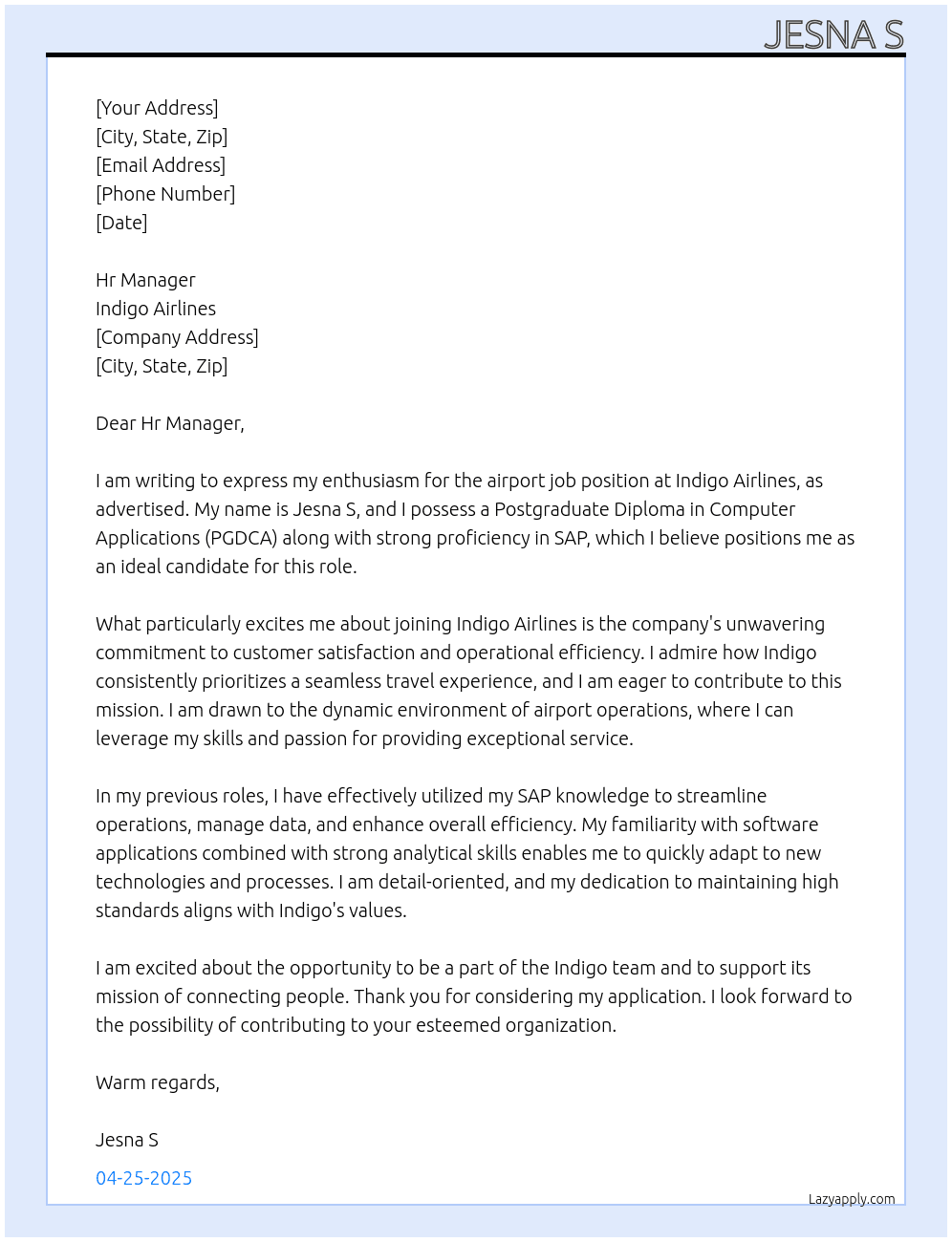 Airport job At Indigo Airlines  Cover Letter