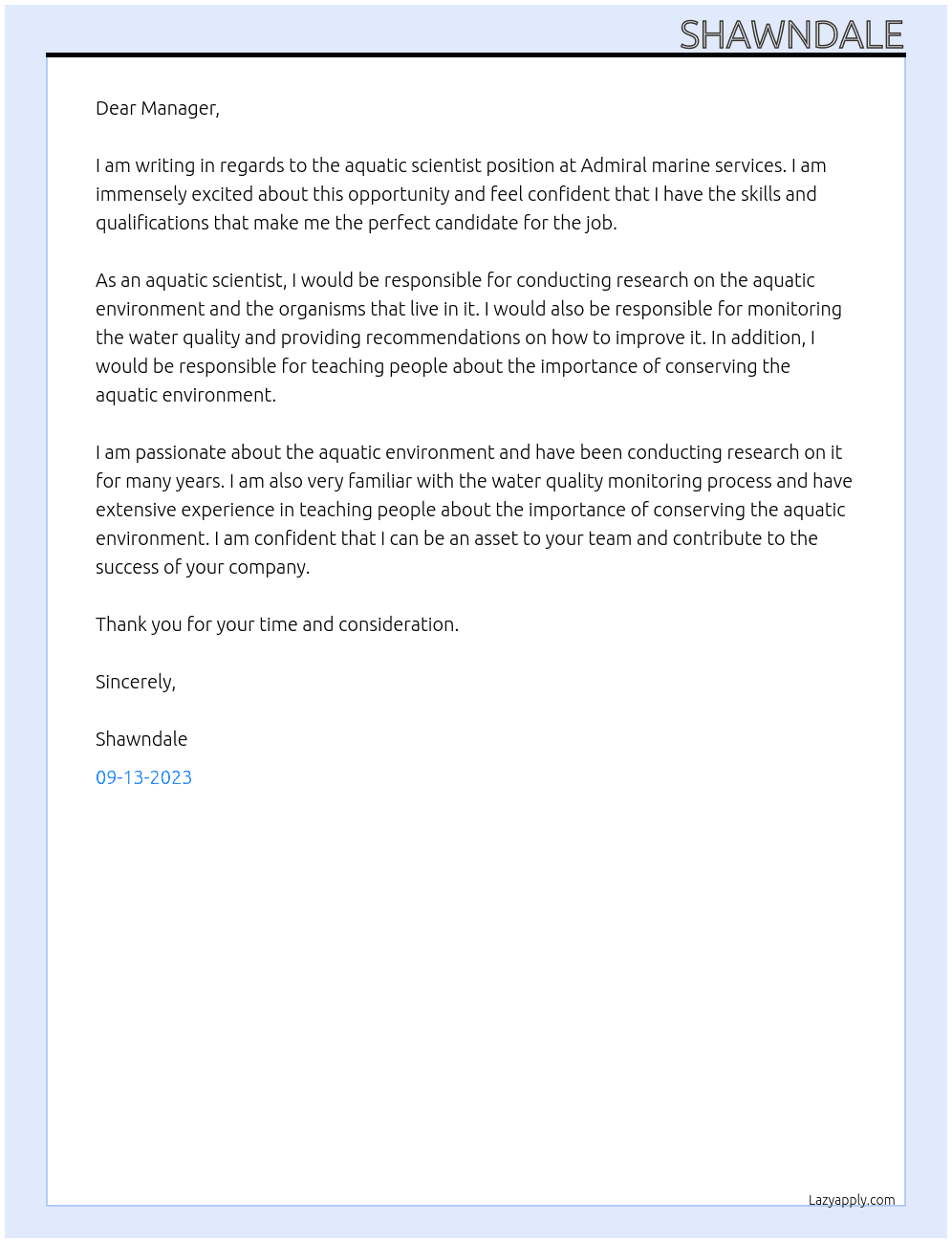 aquatic scientist At Admiral marine services Cover Letter