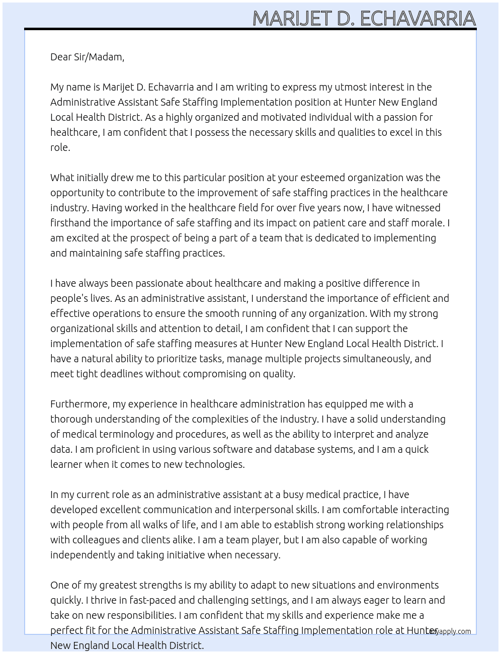 Administrative Assistant Safe Staffing Implementation At Hunter New England Local Health District Cover Letter