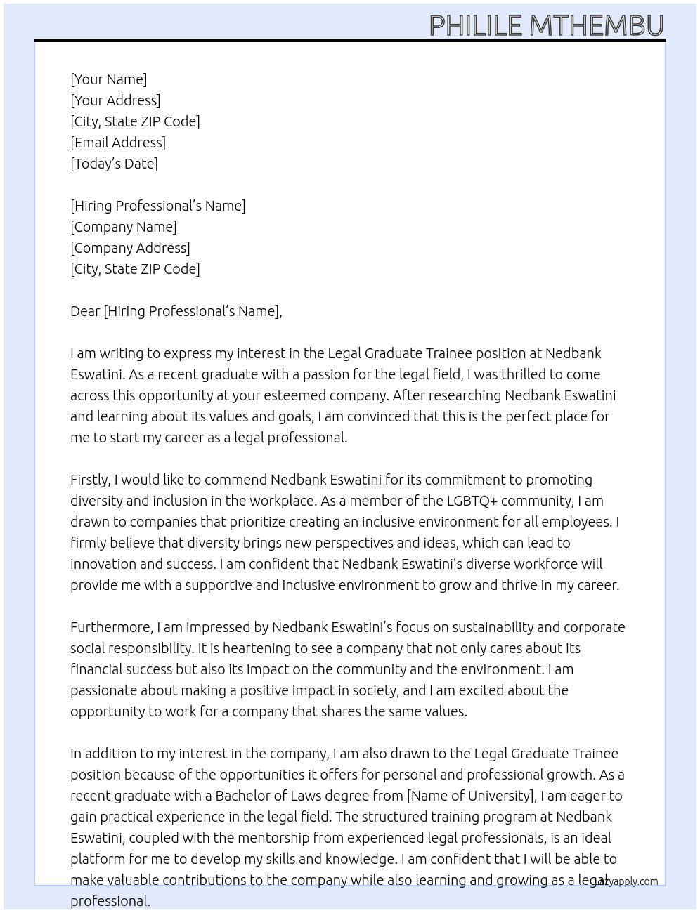 Legal Graduate trainee At Nedbank Eswatini  Cover Letter